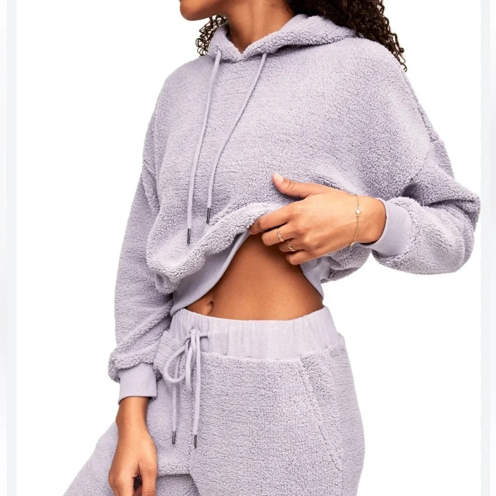 Adore Me Dorethea Lavender Sherpa Hoodie and Jogger Loungewear Set.